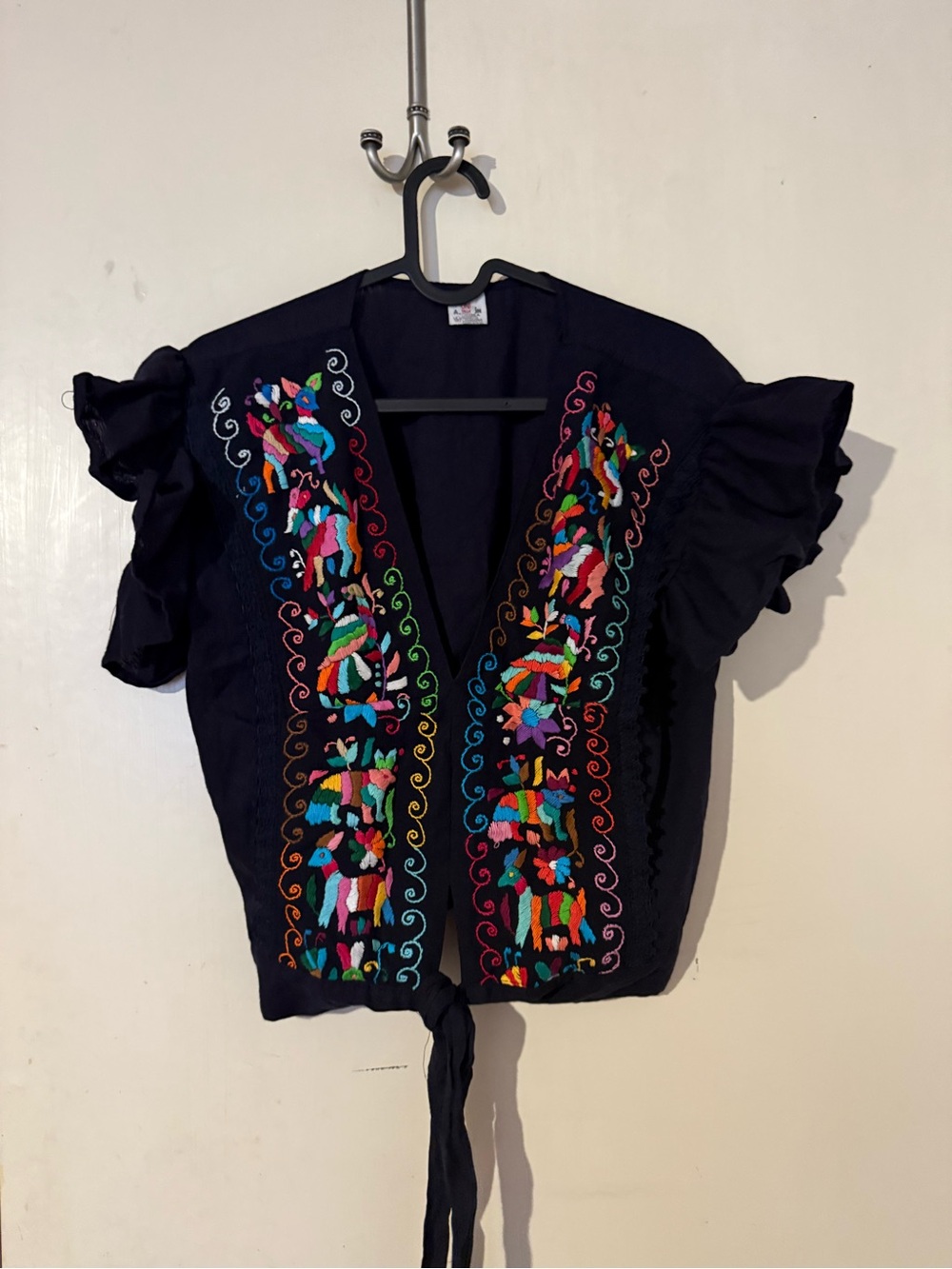 Embroidered Navy Tie-Front Top with Colorful Mexican Motifs